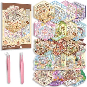 May include: A collage scene material collection book labeled 20, featuring numerous hexagonal stickers depicting detailed isometric room interiors with cartoon characters, accompanied by two light pink precision tweezers for application.