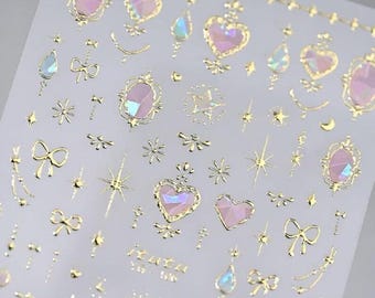 5D Valentine Nail Stickers for Valentine’s Day Pink Heart Gold Design
