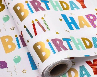 Birthday Wrapping Paper Roll, Colorful Foil Happy Birthday Candles 17×33 ft