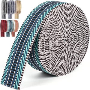 May include: A roll of woven ribbon with a repeating pattern of blue, teal, black, and white stripes. Several smaller rolls of ribbon in various colors are displayed in the upper left corner, including red, white, and tan.