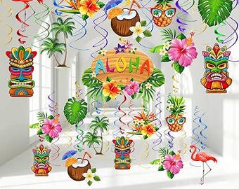 FRIDAY NIGHT 36pcs Luau Aloha Party Hanging Swirl Decorations Hawaiian Tropical Flower Palm Flamingo Sign Foil Ceiling Decor