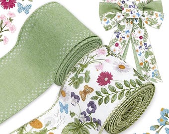 Green Wildflowers Wired Edge Ribbon Retro Wild Floral Craft Ribbon Spring Fabric Ribbon for Summer Mother's Day Wreath Bow Making