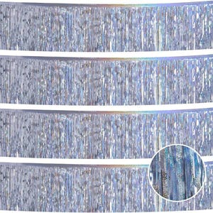 May include: Silver metallic fringe curtain. The curtain is made of vertical strips of shiny material, creating a shimmering effect. The fringe is attached to a horizontal band at the top. Ideal for party decorations or photo backdrops.