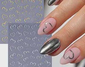 Heart Nail Art Stickers: Valentine's Day 3D Nail Decals, Gold, Silver, Pink