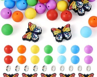 50pcs Silicone Beads Kit Rainbow Round, Rhinestone Spacer & Butterfly Focal Beads for DIY