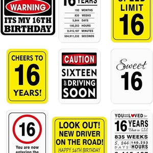 May include: A collection of square and rectangular signs with the number 16. The signs feature phrases like "Warning, It's My 16th Birthday," "Cheers to 16 Years," and "Speed Limit 16." Other signs include text about driving and time elapsed.