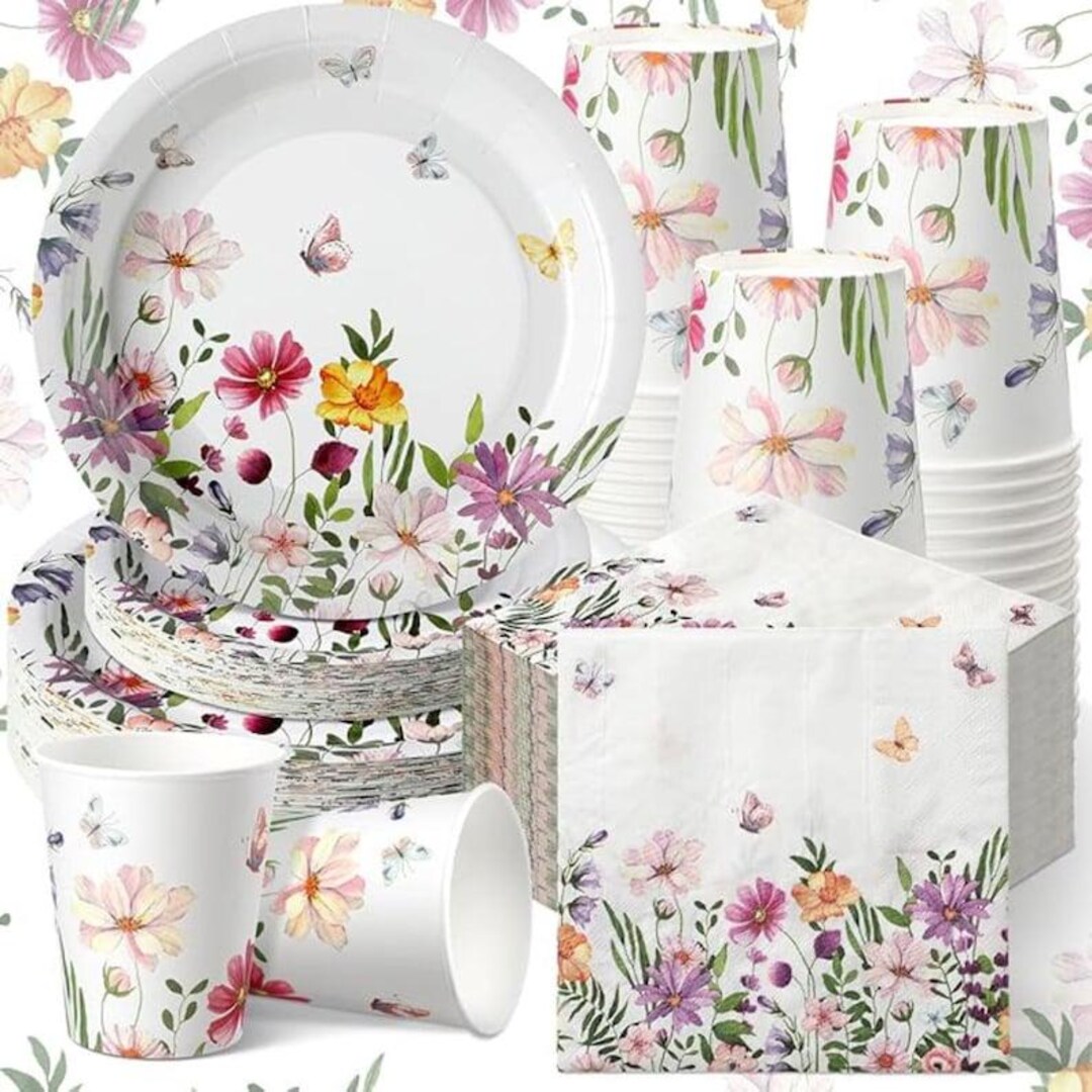 250 Pcs Spring Wildflower Tableware Set Disposable Plates Napkins Cups ...
