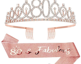 80th Birthday Crown + Sash + Pearl Pin Set, Elegant Gift for Women's 80th Birthday Party Decorations