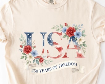 Camiseta floral del 250.º aniversario de EE. UU., camiseta con la bandera estadounidense botánica patriótica, celebración de la libertad de 1776 a 2026, camiseta retro del 250.º aniversario de EE. UU., camiseta de EE. UU.