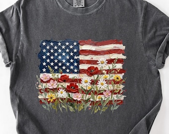 Camiseta con la bandera estadounidense floral, camiseta del 4 de julio, camiseta patriótica de flores silvestres de EE. UU., camiseta del Día de la Independencia, camiseta floral de la libertad estadounidense