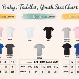The image is a size chart for baby, toddler, and youth clothing, displaying different colored shirts and their corresponding sizes.