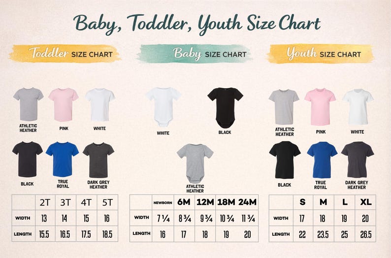 The image is a size chart for baby, toddler, and youth clothing, displaying different colored shirts and their corresponding sizes.