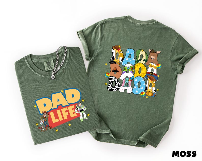 two green t-shirts with cartoon characters and text on them.