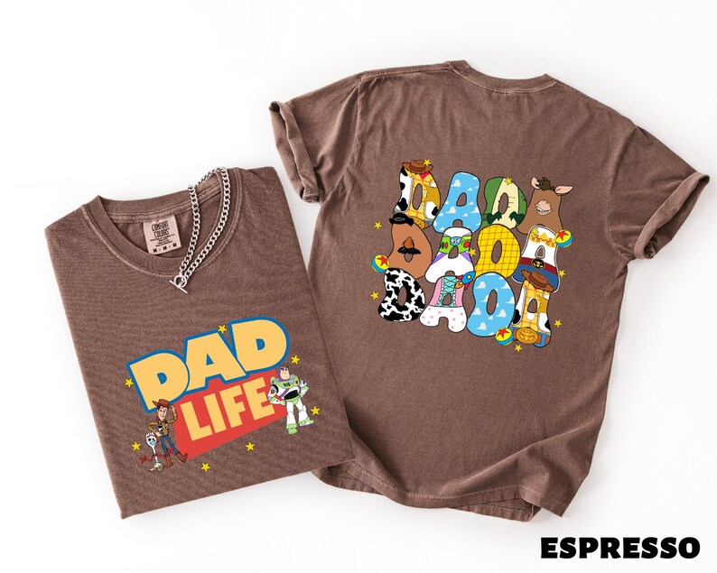 Two t-shirts with cartoon characters and text printed on them.