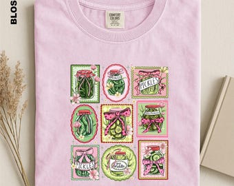 Pickles Stamps Comfort Colors Shirt, Cute Pickle Lover Tee, Canning Season Graphic Top, Funny Pickle Jar Girly Aesthetic Tee