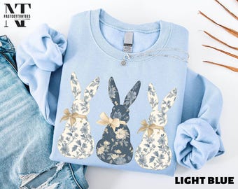 Blue Toile Easter Rabbit Sweatshirt, Cute Bunny Shirt, Happy Easter Sweater, Toile de Jouy T-Shirt, Grand Millennial Easter Tee
