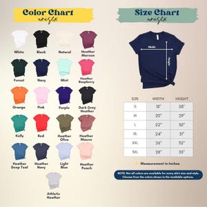 The image is a color chart and size chart for a variety of t-shirt designs, including different colors and sizes. The chart provides a visual representation of the available color options and corresponding measurements for each design.