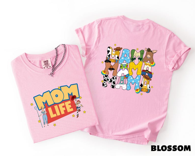 two pink t-shirts with cartoon characters and text on them.