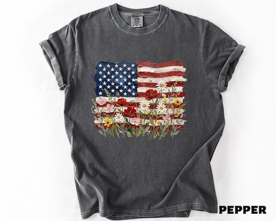 Floral American Flag Shirt, 4th Of July T-Shirt, Patriotic Wildflower USA Tee, Independence Day Shirt, Floral America Freedom Tee