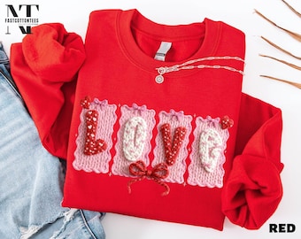 Sudadera con texto "Faux Love", cuello redondo para San Valentín, camisa con lazo de amor, regalo para ella, suéter de ganchillo de hilo sintético, camiseta "Love", camisa de Cupido