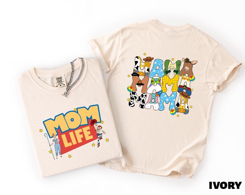 two t-shirts with cartoon characters and text on them.