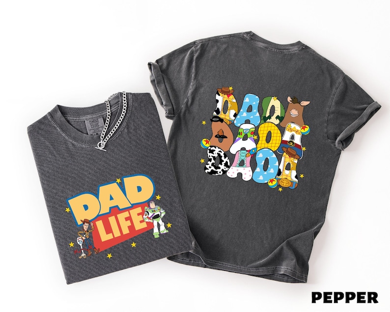 two t-shirts, one with the text "DAD LIFE" and the other with the text "PEPPER".