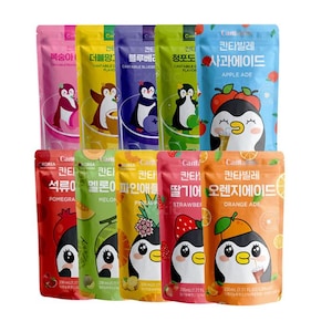 Pode incluir: Variedade de saquinhos de bebidas coloridos com uma mascote de pinguim. Sabores: pêssego, mirtilo, maçã e laranja. Cada saquinho é rotulado em coreano e inglês, com um volume de 230 ml.