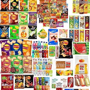 Caixa de lanches asiáticos, vários tamanhos, caixa grande com bolos, batatas fritas, doces e macarrão instantâneo