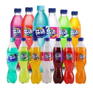 May include: A collection of colorful, plastic soda bottles with blue, pink, green, and orange labels. The bottles are filled with various colored liquids and have blue caps. The labels feature a fruit and leaf design.