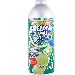 May include: A silver bottle of Melon Ramu, a carbonated soft drink. The label is green and white with the text "Melon Ramu Bottle" and "Melon Flavor". The bottle contains 16.2 fl oz (480ml) of liquid.