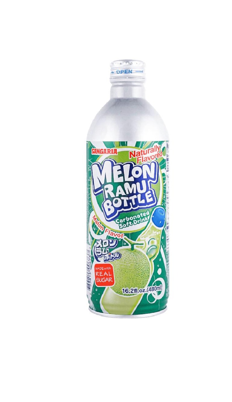 May include: A silver bottle of Melon Ramu, a carbonated soft drink. The label is green and white with the text "Melon Ramu Bottle" and "Melon Flavor". The bottle contains 16.2 fl oz (480ml) of liquid.