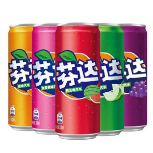 May include: Five colorful soda cans in orange, pink, red, green, and purple. Each can features a logo with a stylized fruit design and Chinese characters. The cans are filled with carbonated water and have a 330ml capacity.