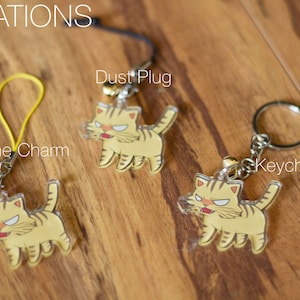 May include: Three variations of a keychain featuring a cartoon cat with a yellow and orange striped pattern. The keychain is available as a phone charm, dust plug, and keychain.