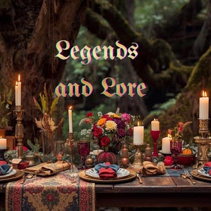 May include: A beautifully set table with the text "Legends and Lore" above. The table is adorned with candles, floral arrangements, and place settings with red napkins. The background features a lush forest setting.