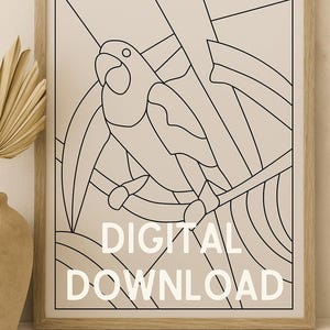May include: A framed art print featuring a black line drawing of a parrot perched on a branch. The artwork is set against a beige background with the words "DIGITAL DOWNLOAD" in white. The frame is made of light-colored wood.