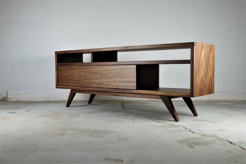 Mid century modern, Walnut TV Stand Cabinet Handmade Media Console Mid-Century Modern Walnut Media Console PorkChop Console image 6