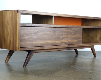 Walnut TV Stand Cabinet - Handmade Media Console - Mid-Century Modern - Walnut Media Console - MCM Stereo Credenza - "T-Bone" Media Console