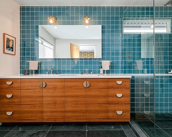 Mid-Century Modern Walnut Vanity with Toe Kick – Custom Bathroom Cabinet by Monke Haus
