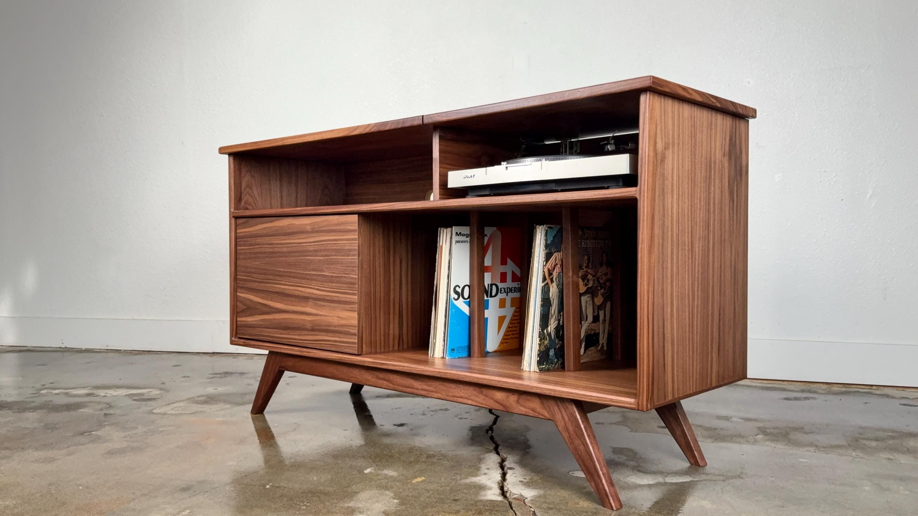 Mid Century Modern Record Player Console. Record Storage the
