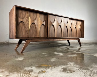 The " Stella-J" is a mid  century modern Brasilia styled TV console, credenza, TV stand, mcm, modern, minimal, record player