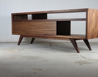 Mid century modern, Walnut TV Stand Cabinet - Handmade Media Console - Mid-Century Modern - Walnut Media Console -  - "PorkChop"  Console