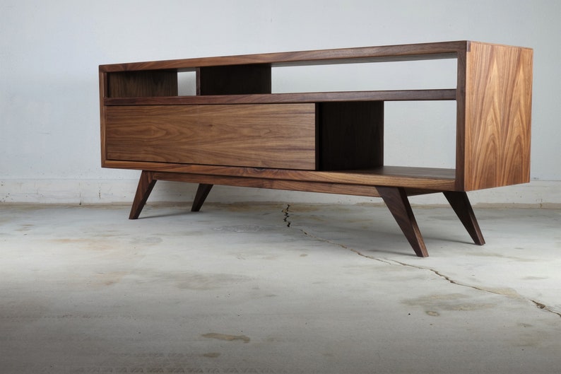 Mid century modern, Walnut TV Stand Cabinet Handmade Media Console Mid-Century Modern Walnut Media Console PorkChop Console image 1