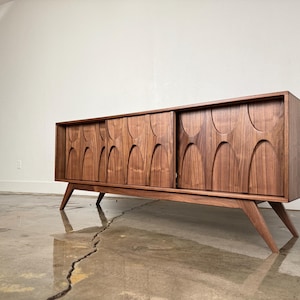 Mid Century Modern Walnut Credenza – Brasilia Style Cabinet with Sculpted Doors by Monke Haus
