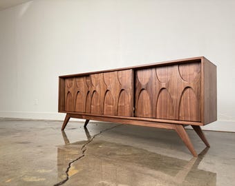 Mid Century Modern Walnut Credenza – Brasilia Style Cabinet with Sculpted Doors by Monke Haus