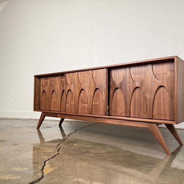 Mid Century Modern Walnut Credenza – Brasilia Style Cabinet with Sculpted Doors by Monke Haus