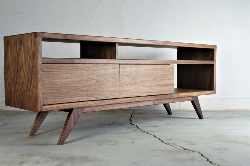 Mid century modern, Walnut TV Stand Cabinet Handmade Media Console Mid-Century Modern Walnut Media Console PorkChop Console image 4