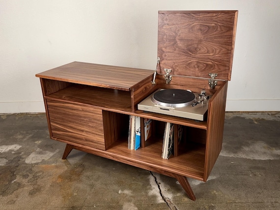Mid Century Modern Record Player Console. Record Storage the