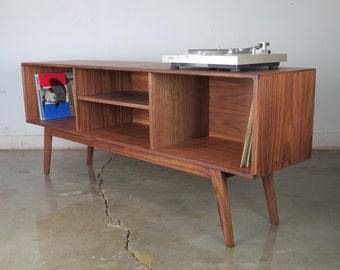 Mid-century modern stereo console for a record player and record storage. The " Haze"