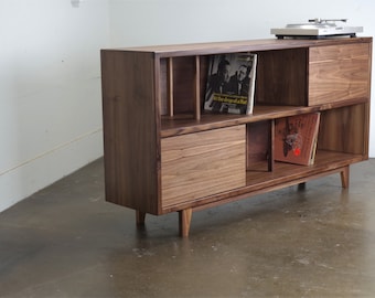 The "DoubleUp" console is a mid century modern, stereo console, record storage, vinyl storage,  credenza