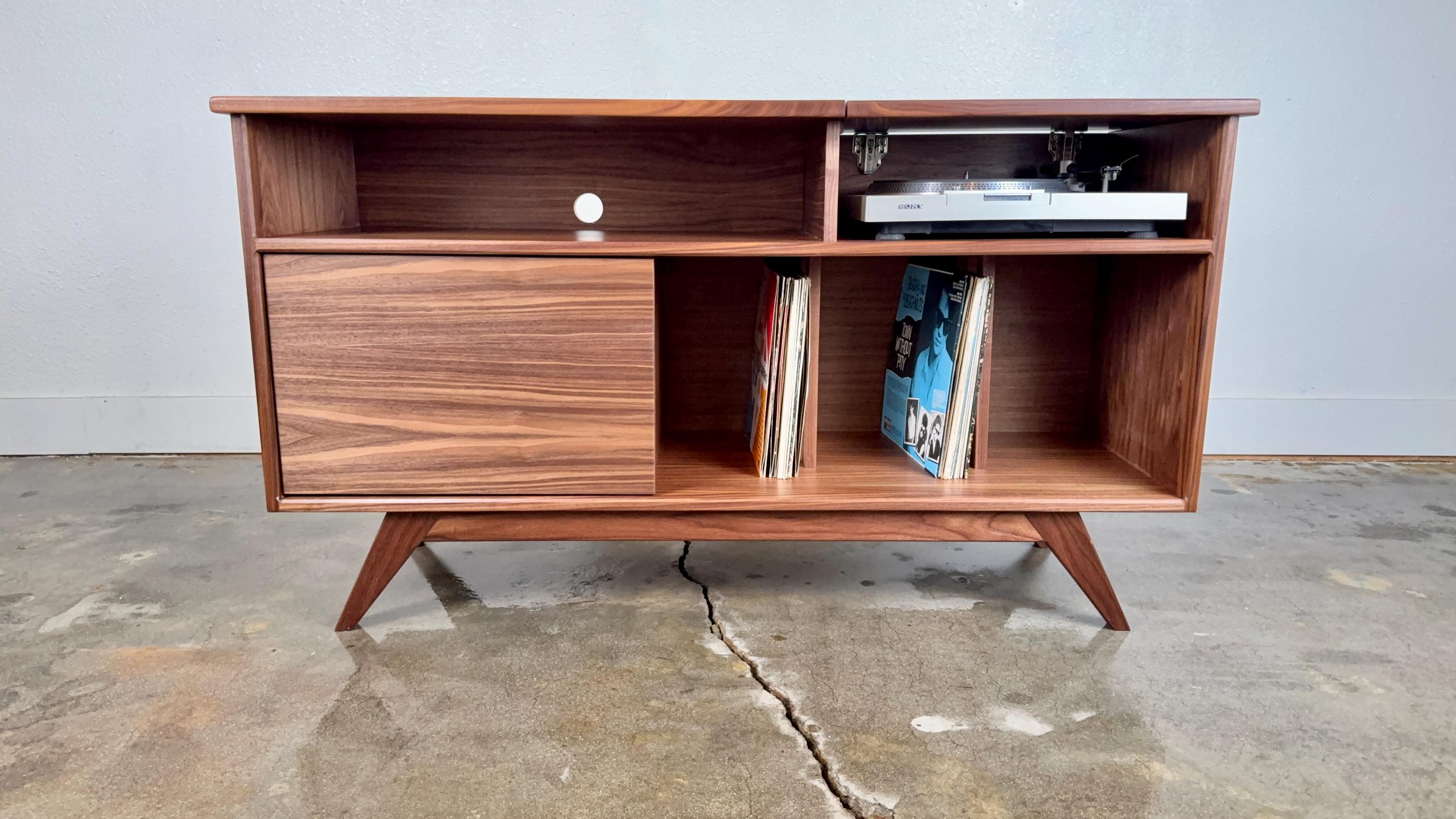Mid Century Modern Record Player Console. Record Storage the